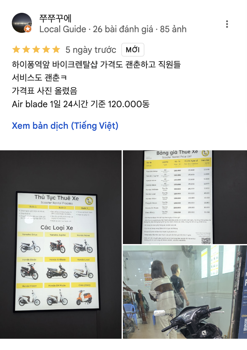 Thuê Xe Máy Hải Phòng LV được khách hàng Hàn Quốc để lại đánh giá tốt và chia sẻ cho mọi người trên Google map 
